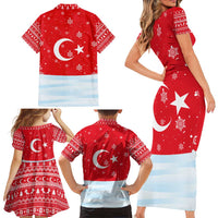 Turkey Christmas Family Matching Short Sleeve Bodycon Dress and Hawaiian Shirt with Santa on Horse Red Snowflake Pattern and Crescent Star - Wonder Print Shop