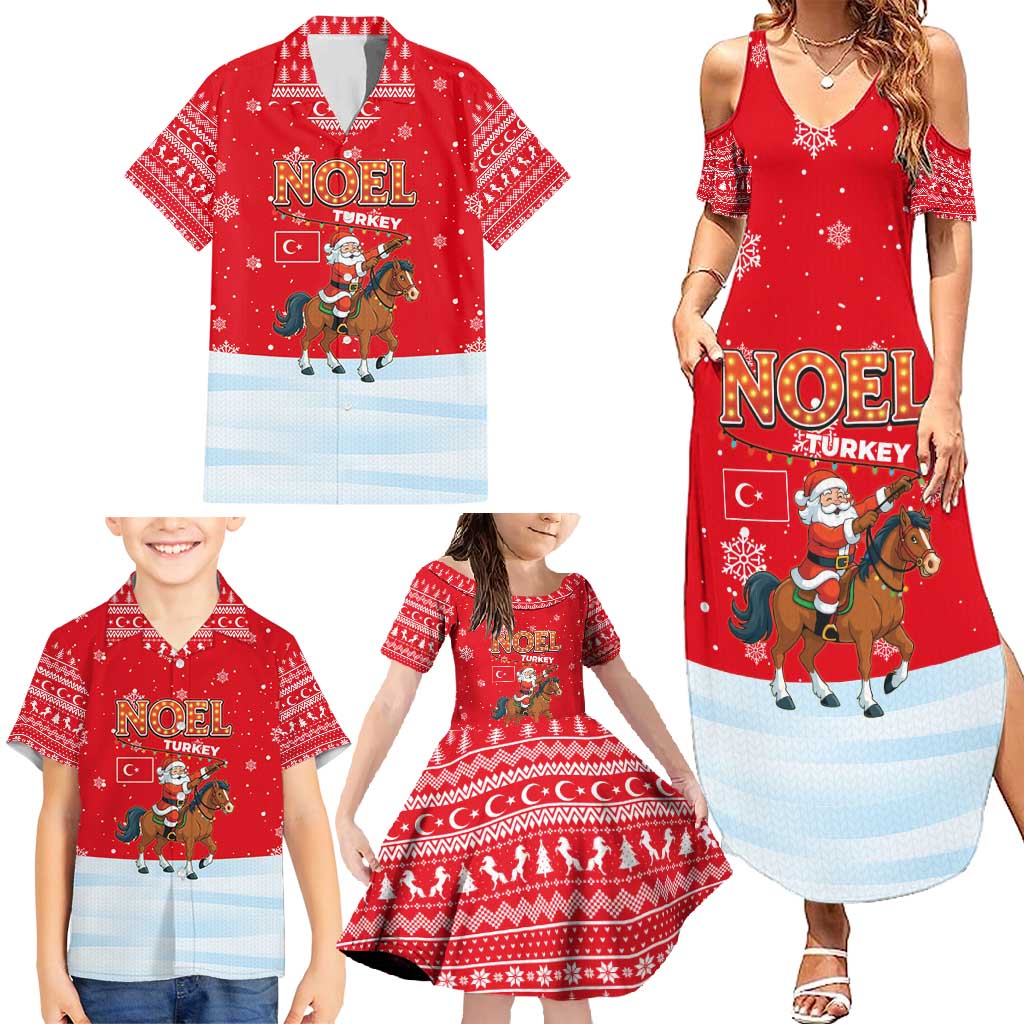 Turkey Christmas Family Matching Summer Maxi Dress and Hawaiian Shirt with Santa on Horse Red Snowflake Pattern and Crescent Star - Wonder Print Shop