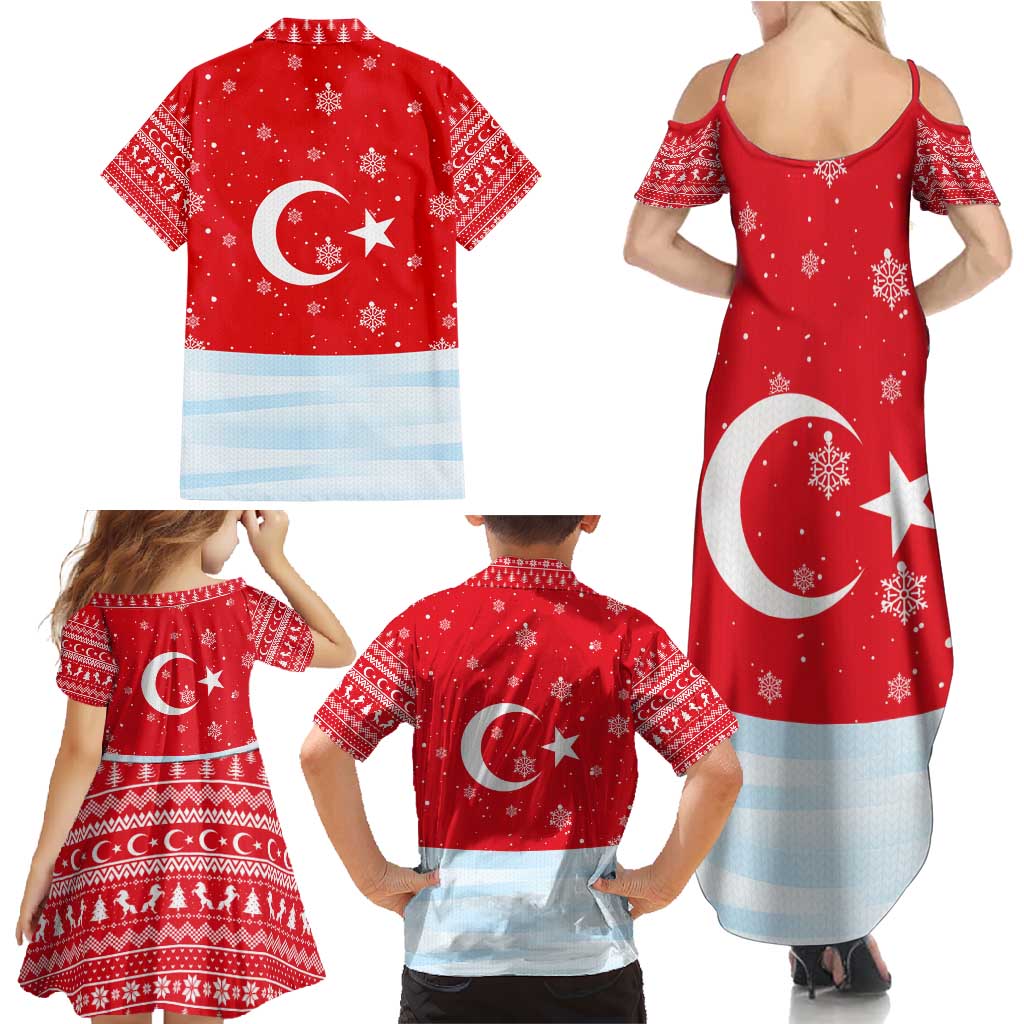 Turkey Christmas Family Matching Summer Maxi Dress and Hawaiian Shirt with Santa on Horse Red Snowflake Pattern and Crescent Star - Wonder Print Shop