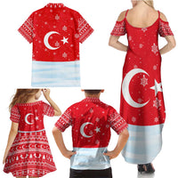 Turkey Christmas Family Matching Summer Maxi Dress and Hawaiian Shirt with Santa on Horse Red Snowflake Pattern and Crescent Star - Wonder Print Shop