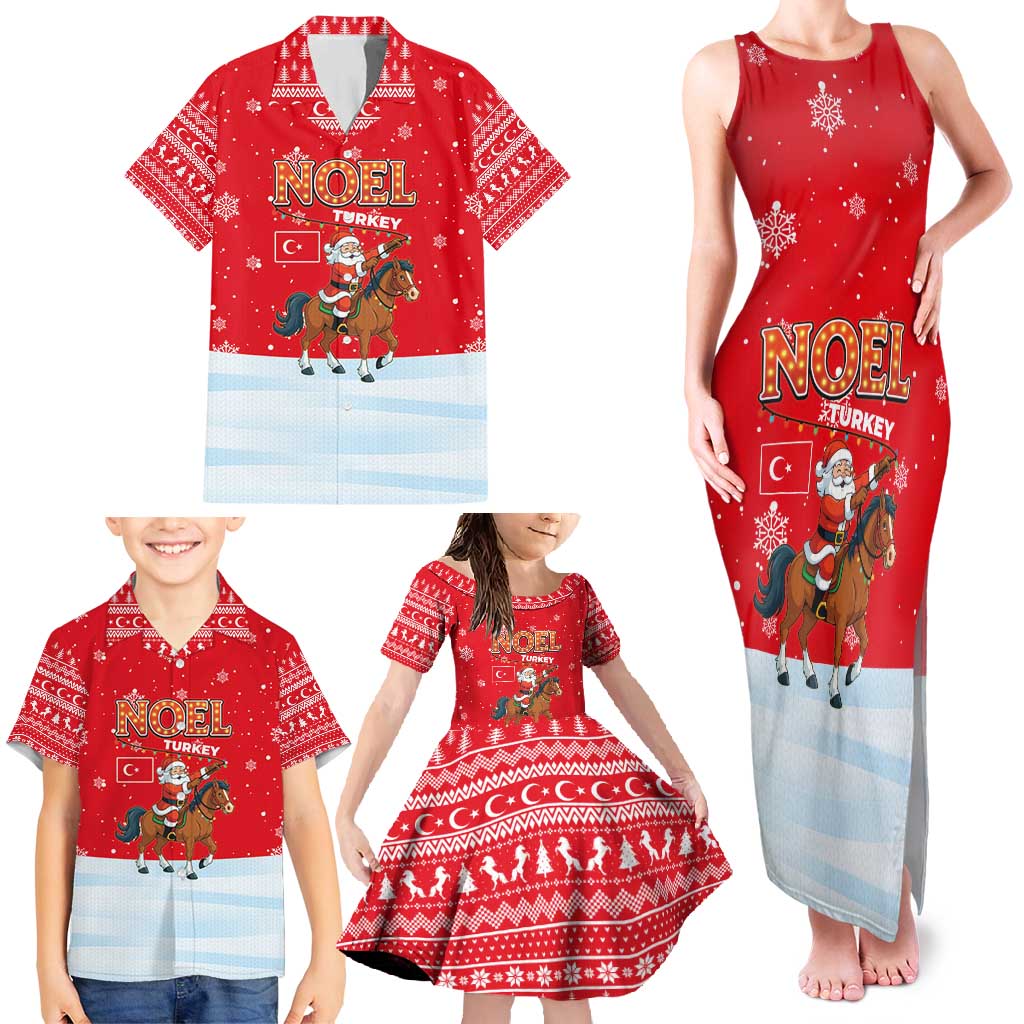 Turkey Christmas Family Matching Tank Maxi Dress and Hawaiian Shirt with Santa on Horse Red Snowflake Pattern and Crescent Star - Wonder Print Shop