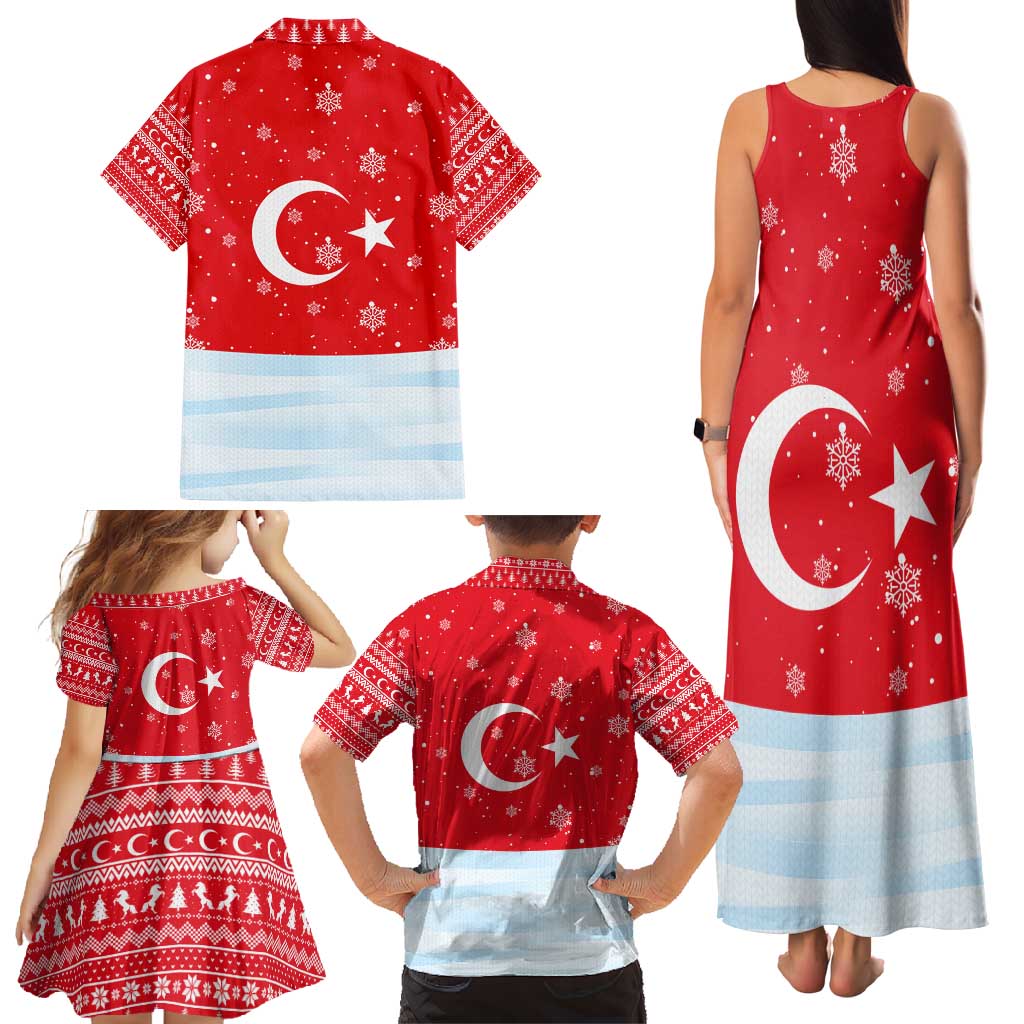 Turkey Christmas Family Matching Tank Maxi Dress and Hawaiian Shirt with Santa on Horse Red Snowflake Pattern and Crescent Star - Wonder Print Shop