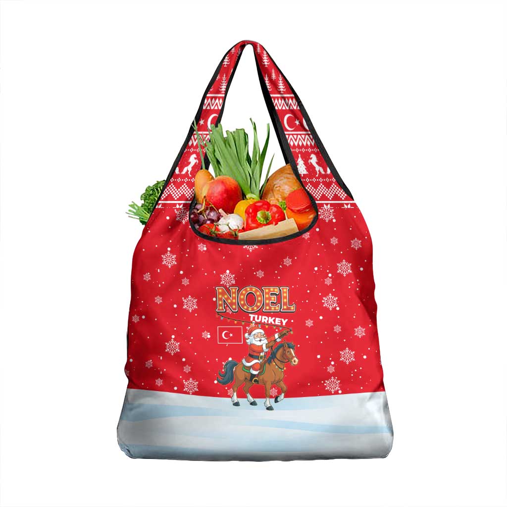 Turkey Christmas Grocery Bag with Santa on Horse Red Snowflake Pattern and Crescent Star - Wonder Print Shop