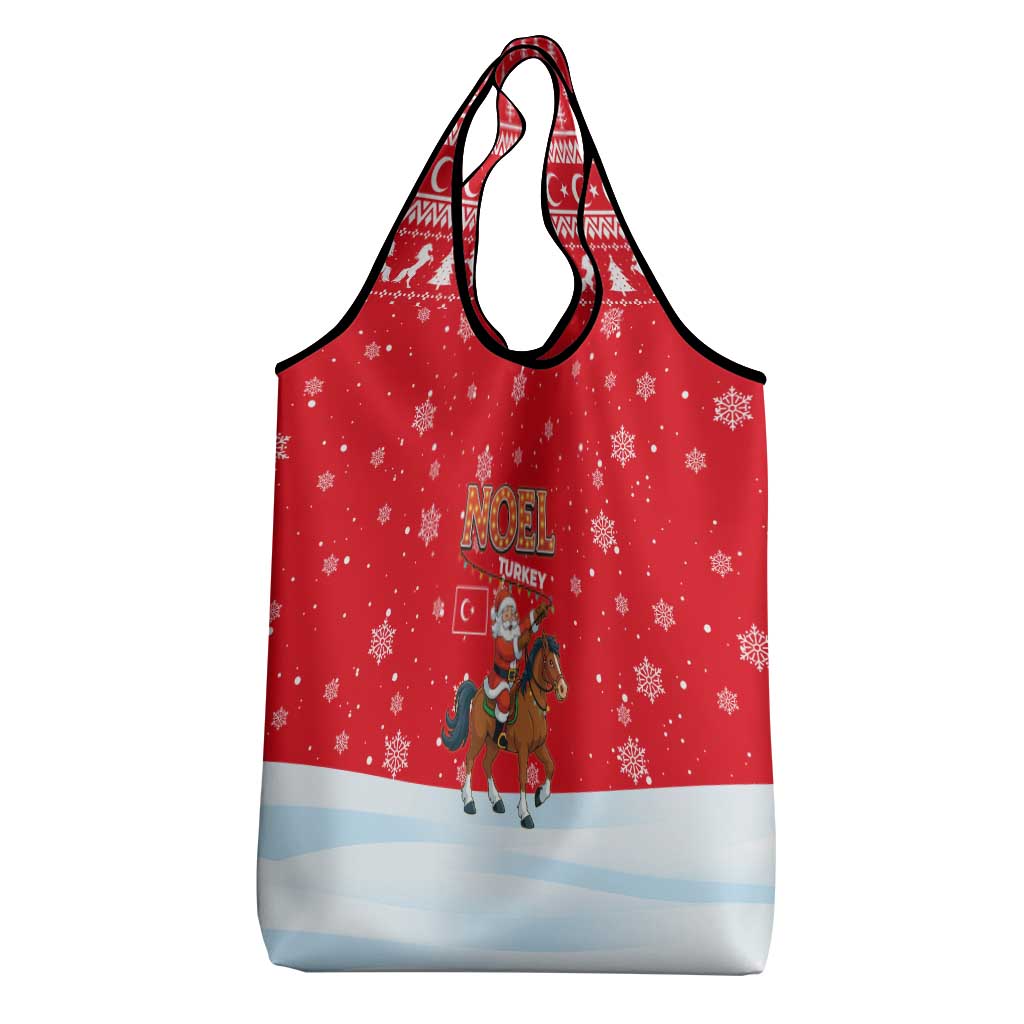 Turkey Christmas Grocery Bag with Santa on Horse Red Snowflake Pattern and Crescent Star - Wonder Print Shop