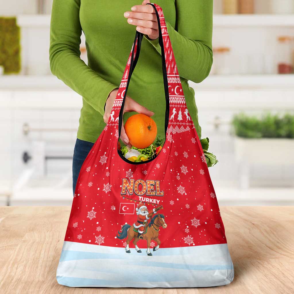 Turkey Christmas Grocery Bag with Santa on Horse Red Snowflake Pattern and Crescent Star - Wonder Print Shop