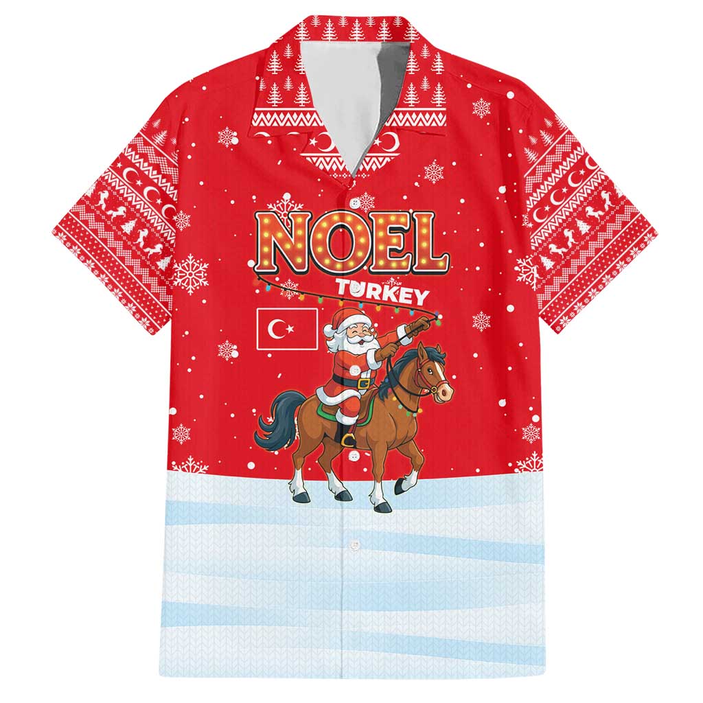 Turkey Christmas Hawaiian Shirt with Santa on Horse Red Snowflake Pattern and Crescent Star - Wonder Print Shop