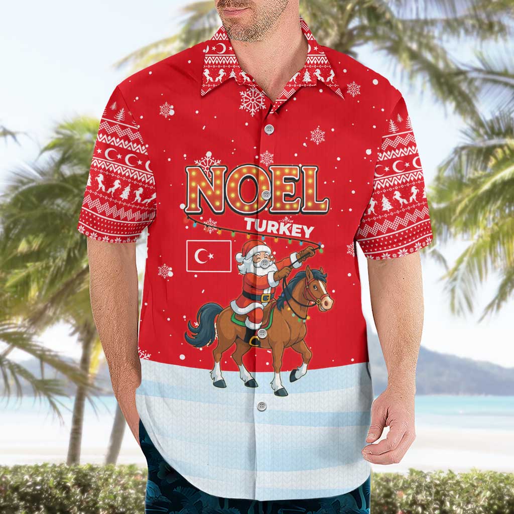 Turkey Christmas Hawaiian Shirt with Santa on Horse Red Snowflake Pattern and Crescent Star - Wonder Print Shop