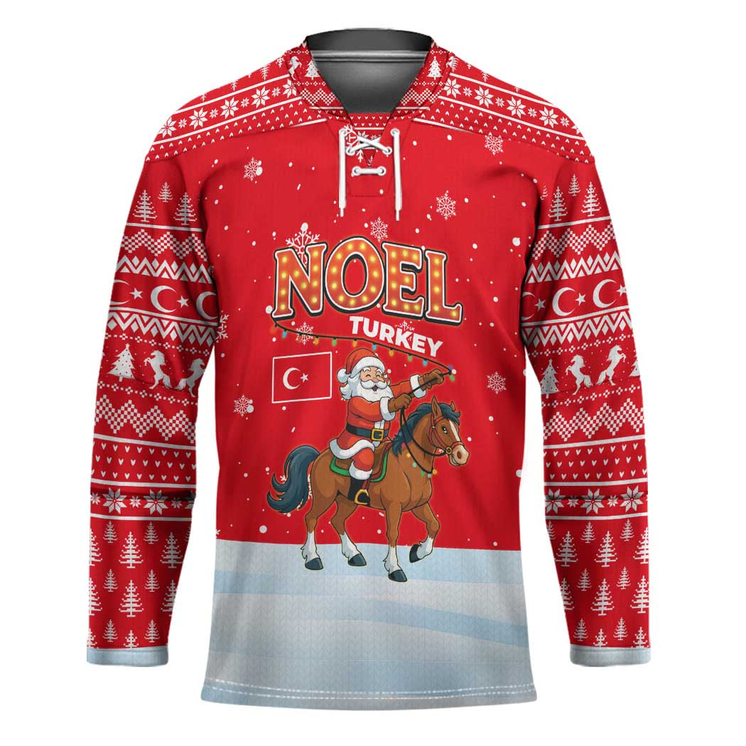 Turkey Christmas Hockey Jersey with Santa on Horse Red Snowflake Pattern and Crescent Star - Wonder Print Shop