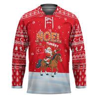 Turkey Christmas Hockey Jersey with Santa on Horse Red Snowflake Pattern and Crescent Star - Wonder Print Shop