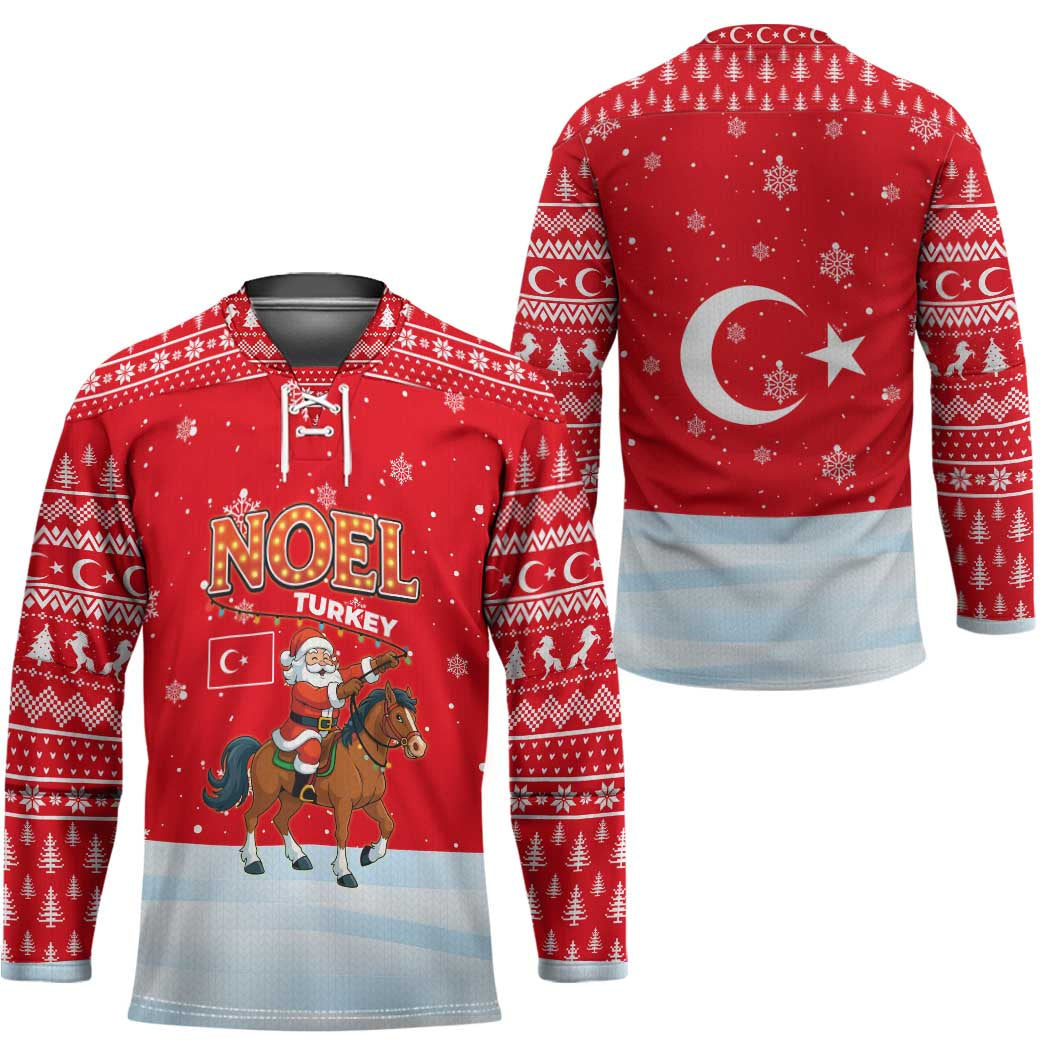 Turkey Christmas Hockey Jersey with Santa on Horse Red Snowflake Pattern and Crescent Star - Wonder Print Shop