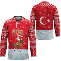 Turkey Christmas Hockey Jersey with Santa on Horse Red Snowflake Pattern and Crescent Star - Wonder Print Shop