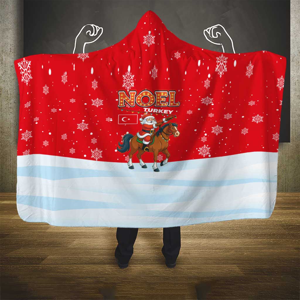 Turkey Christmas Hooded Blanket with Santa on Horse Red Snowflake Pattern and Crescent Star - Wonder Print Shop