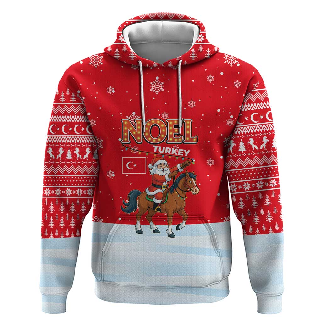 Turkey Christmas Hoodie with Santa on Horse Red Snowflake Pattern and Crescent Star - Wonder Print Shop