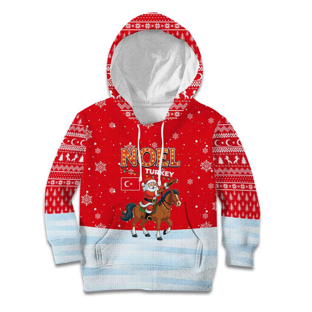 Turkey Christmas Kid Hoodie with Santa on Horse Red Snowflake Pattern and Crescent Star - Wonder Print Shop