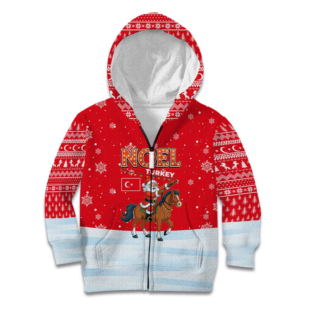 Turkey Christmas Kid Hoodie with Santa on Horse Red Snowflake Pattern and Crescent Star - Wonder Print Shop