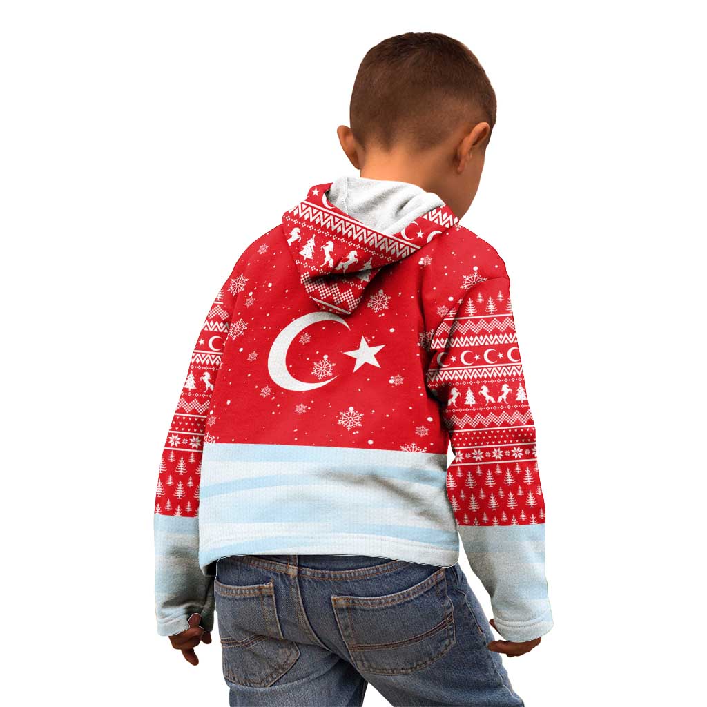 Turkey Christmas Kid Hoodie with Santa on Horse Red Snowflake Pattern and Crescent Star - Wonder Print Shop