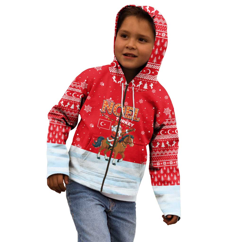 Turkey Christmas Kid Hoodie with Santa on Horse Red Snowflake Pattern and Crescent Star - Wonder Print Shop