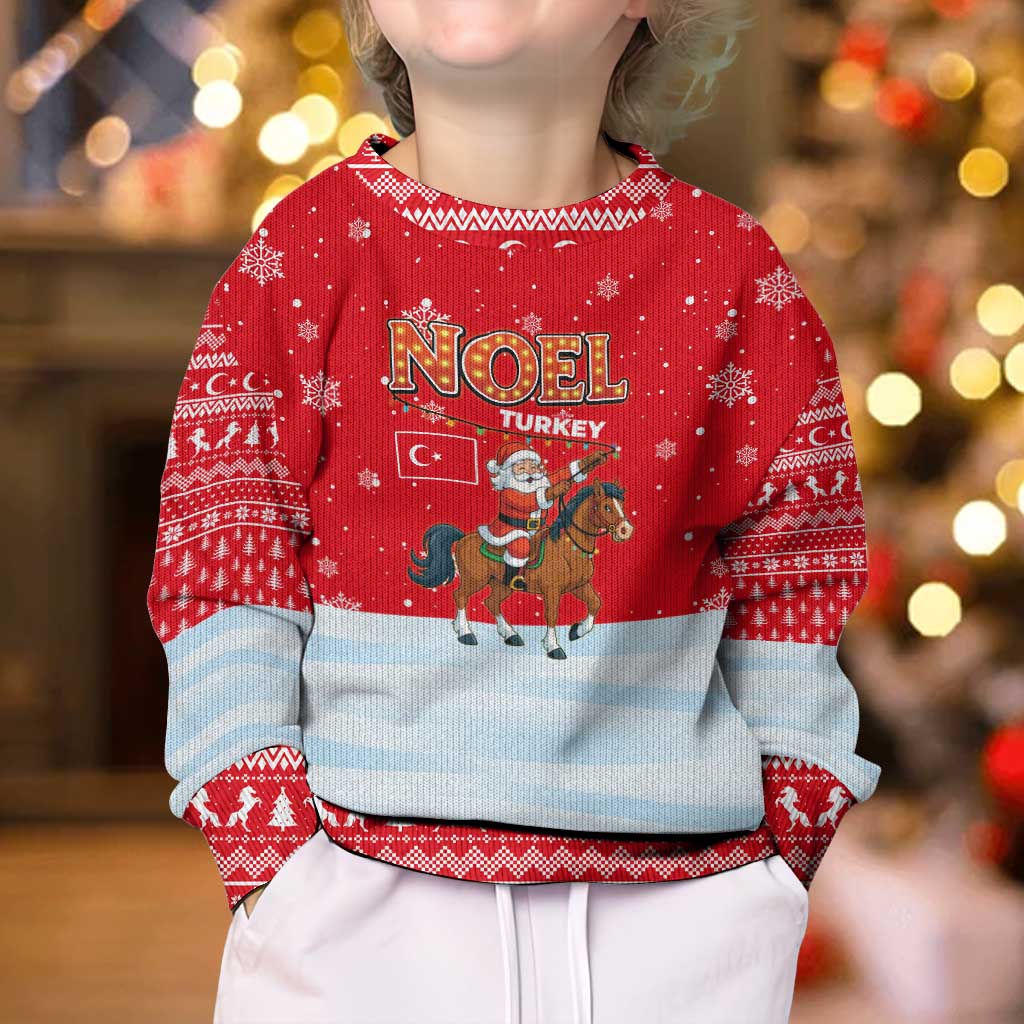 Turkey Christmas Kid Ugly Christmas Sweater with Santa on Horse Red Snowflake Pattern and Crescent Star - Wonder Print Shop