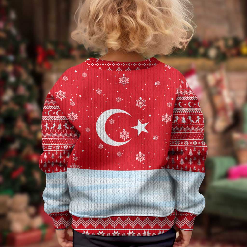 Turkey Christmas Kid Ugly Christmas Sweater with Santa on Horse Red Snowflake Pattern and Crescent Star - Wonder Print Shop