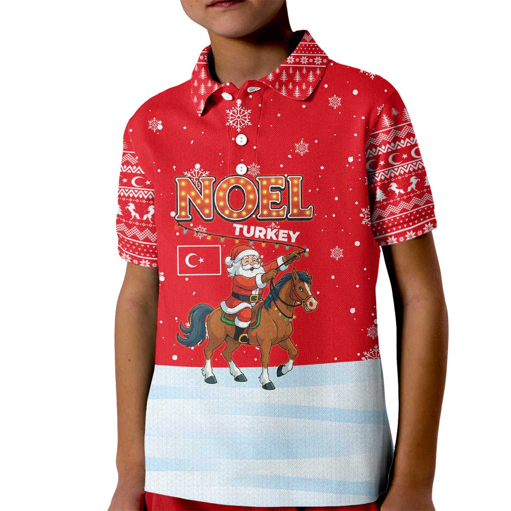 Turkey Christmas Kid Polo Shirt with Santa on Horse Red Snowflake Pattern and Crescent Star - Wonder Print Shop