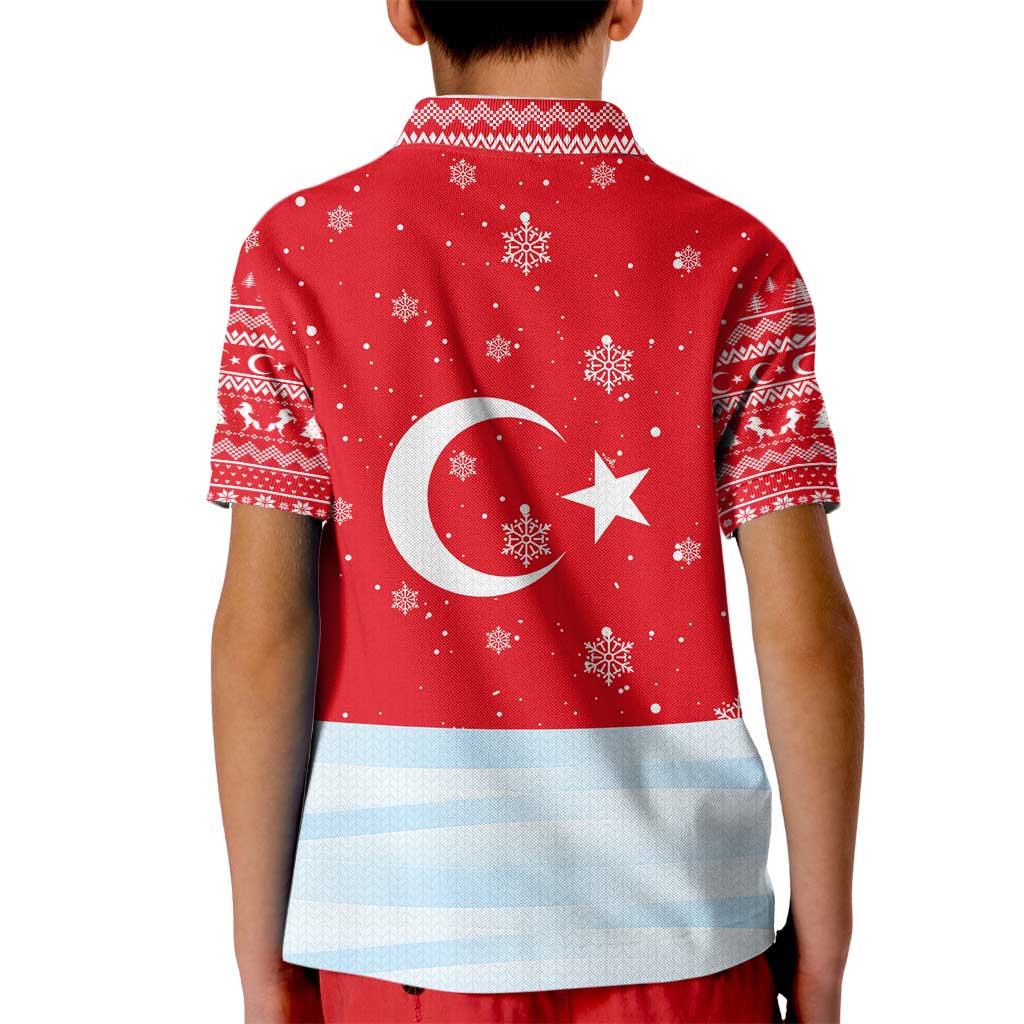 Turkey Christmas Kid Polo Shirt with Santa on Horse Red Snowflake Pattern and Crescent Star - Wonder Print Shop