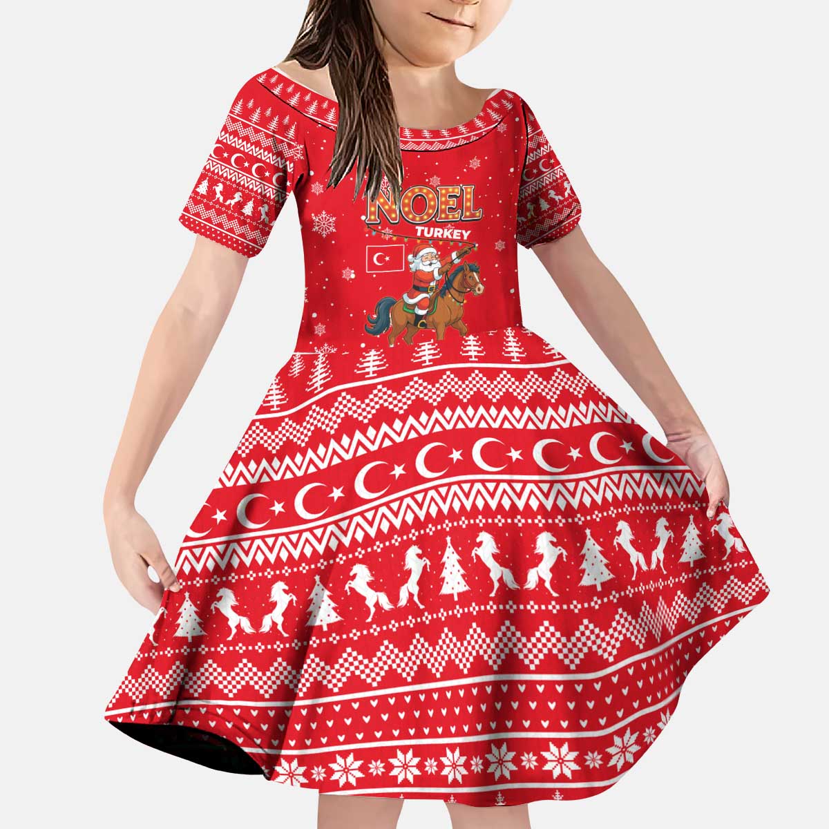 Turkey Christmas Kid Short Sleeve Dress with Santa on Horse Red Snowflake Pattern and Crescent Star - Wonder Print Shop