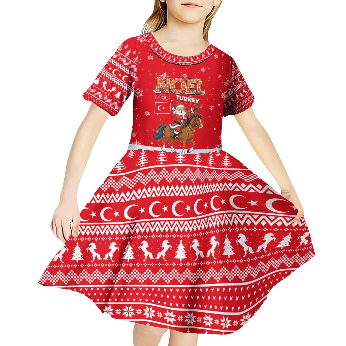 Turkey Christmas Kid Short Sleeve Dress with Santa on Horse Red Snowflake Pattern and Crescent Star - Wonder Print Shop
