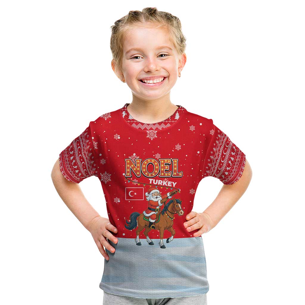 Turkey Christmas Kid T Shirt with Santa on Horse Red Snowflake Pattern and Crescent Star - Wonder Print Shop