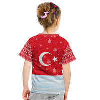 Turkey Christmas Kid T Shirt with Santa on Horse Red Snowflake Pattern and Crescent Star - Wonder Print Shop
