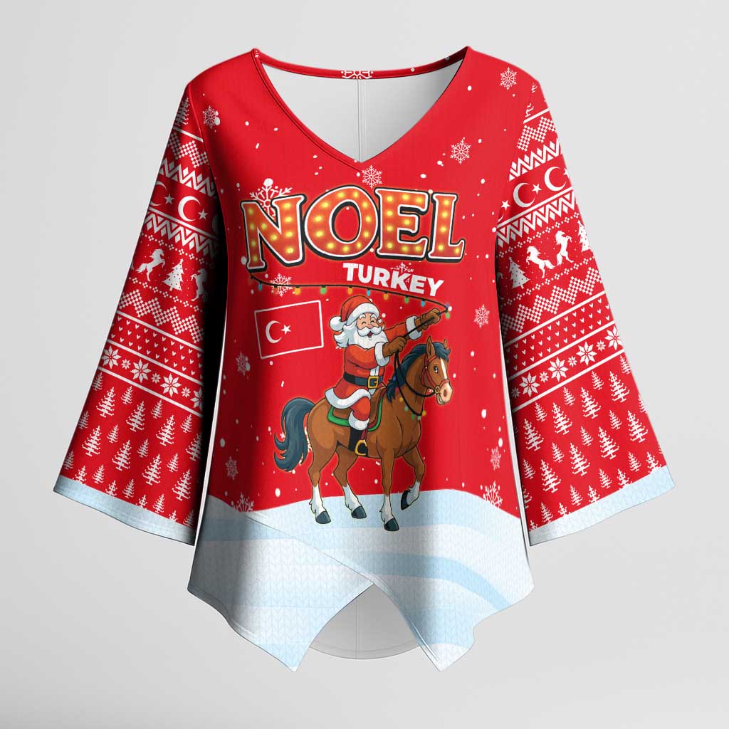 Turkey Christmas Kimono Sleeve Blouse with Santa on Horse Red Snowflake Pattern and Crescent Star - Wonder Print Shop