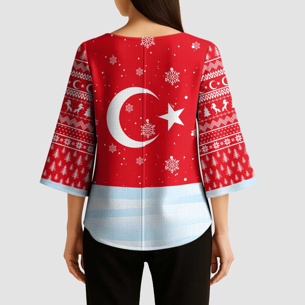 Turkey Christmas Kimono Sleeve Blouse with Santa on Horse Red Snowflake Pattern and Crescent Star - Wonder Print Shop