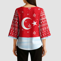 Turkey Christmas Kimono Sleeve Blouse with Santa on Horse Red Snowflake Pattern and Crescent Star - Wonder Print Shop