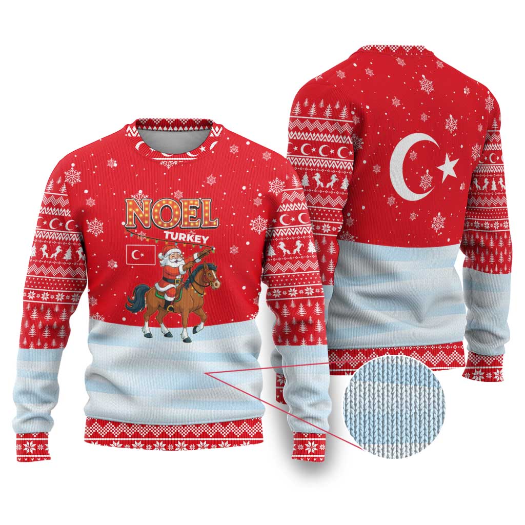 Turkey Christmas Ugly Christmas Sweater with Santa on Horse Red Snowflake Pattern and Crescent Star - Wonder Print Shop