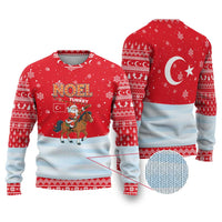 Turkey Christmas Ugly Christmas Sweater with Santa on Horse Red Snowflake Pattern and Crescent Star - Wonder Print Shop