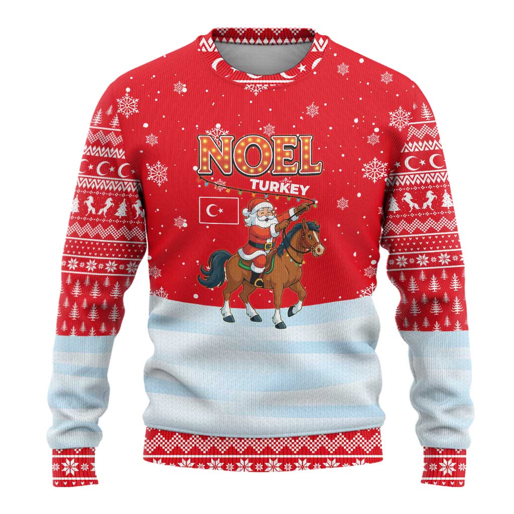 Turkey Christmas Ugly Christmas Sweater with Santa on Horse Red Snowflake Pattern and Crescent Star - Wonder Print Shop
