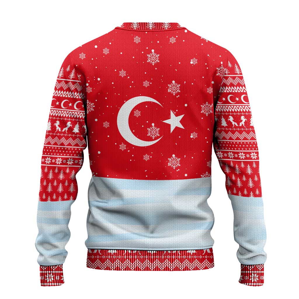 Turkey Christmas Ugly Christmas Sweater with Santa on Horse Red Snowflake Pattern and Crescent Star - Wonder Print Shop