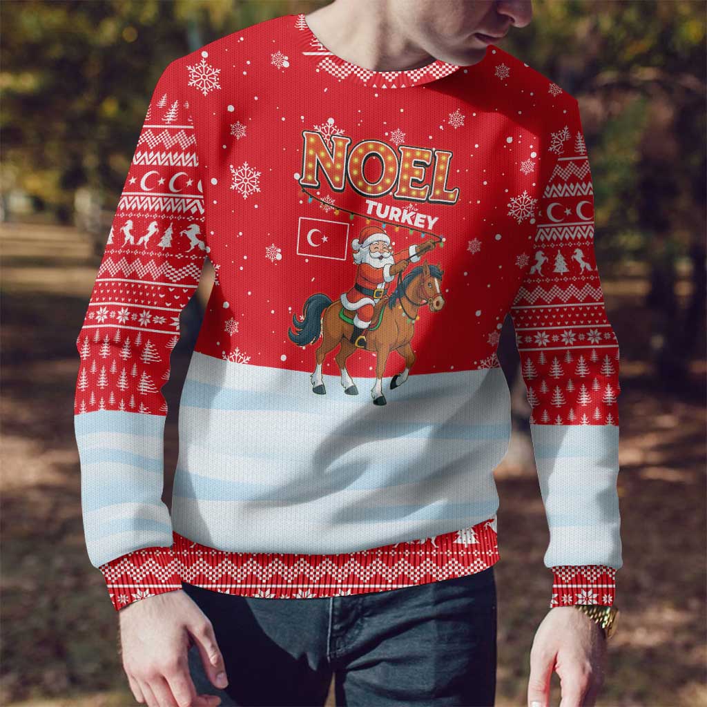 Turkey Christmas Ugly Christmas Sweater with Santa on Horse Red Snowflake Pattern and Crescent Star - Wonder Print Shop