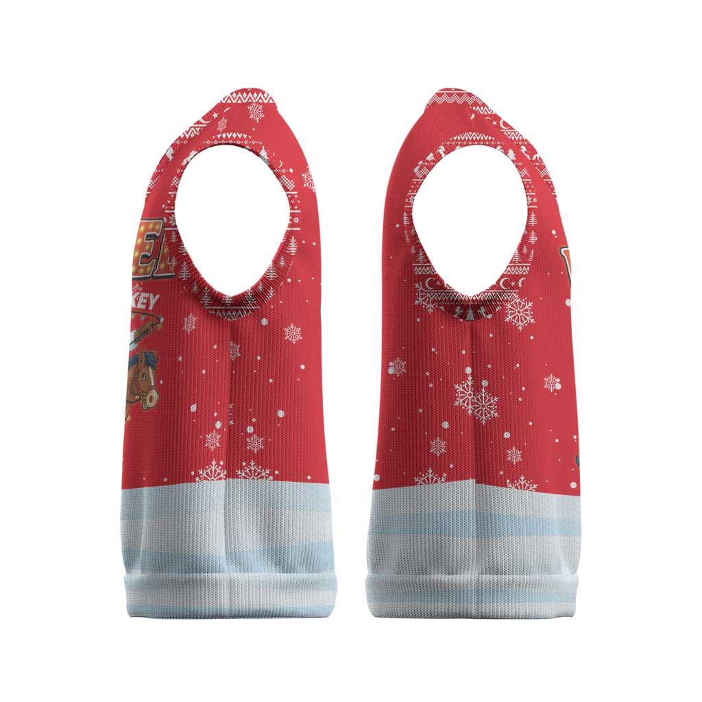 Turkey Christmas Knitted V-Neck Vest with Santa on Horse Red Snowflake Pattern and Crescent Star - Wonder Print Shop