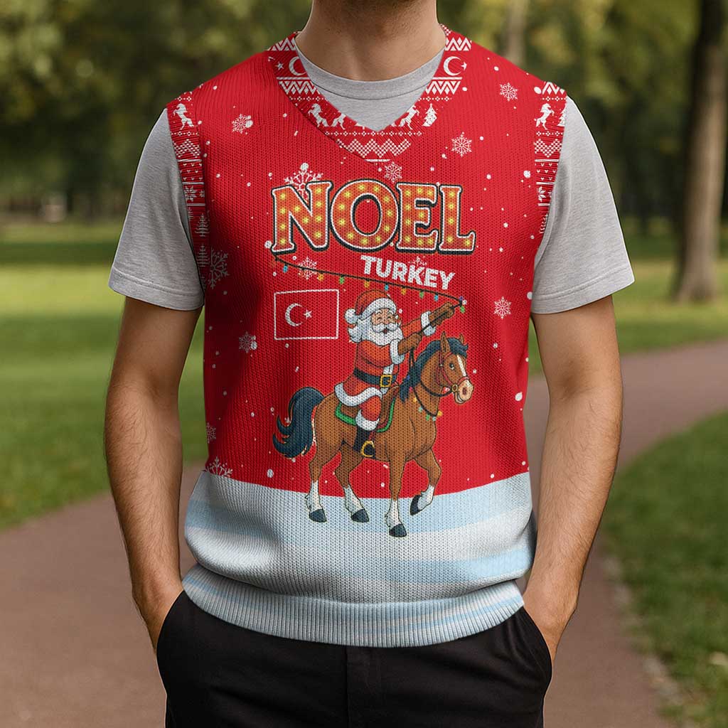 Turkey Christmas Knitted V-Neck Vest with Santa on Horse Red Snowflake Pattern and Crescent Star - Wonder Print Shop