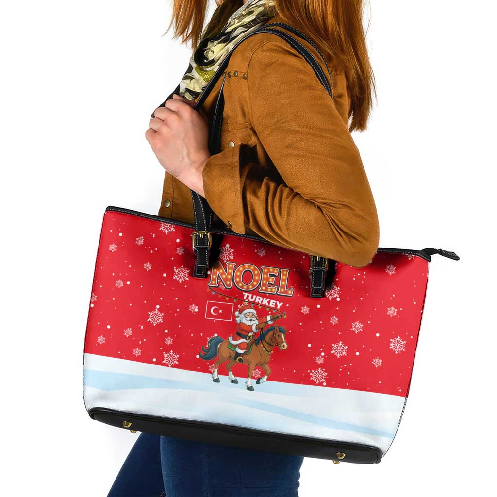 Turkey Christmas Leather Tote Bag with Santa on Horse Red Snowflake Pattern and Crescent Star - Wonder Print Shop