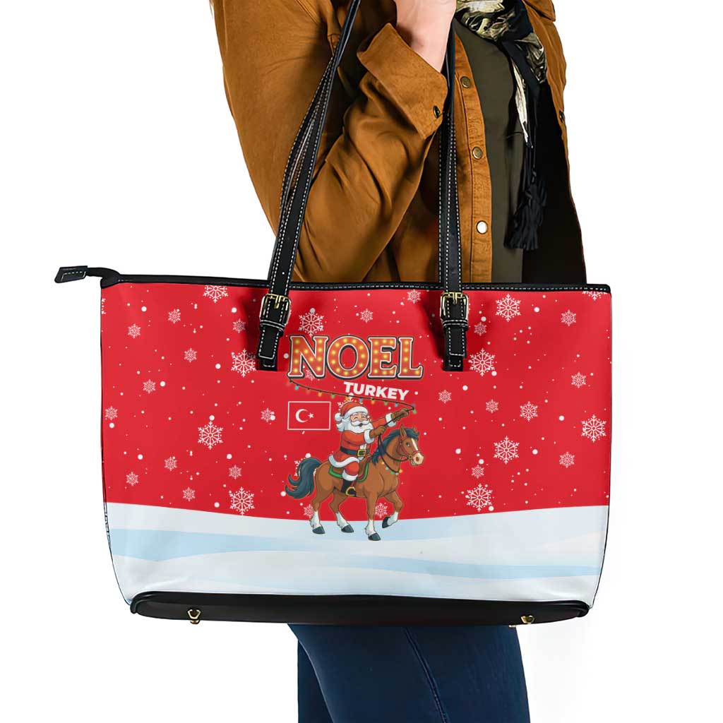 Turkey Christmas Leather Tote Bag with Santa on Horse Red Snowflake Pattern and Crescent Star - Wonder Print Shop