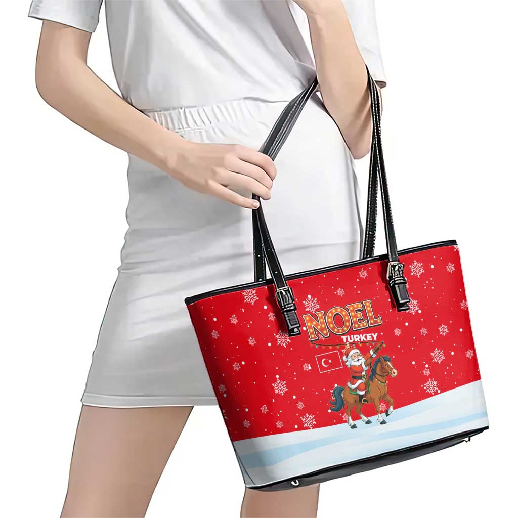 Turkey Christmas Leather Tote Bag with Santa on Horse Red Snowflake Pattern and Crescent Star - Wonder Print Shop