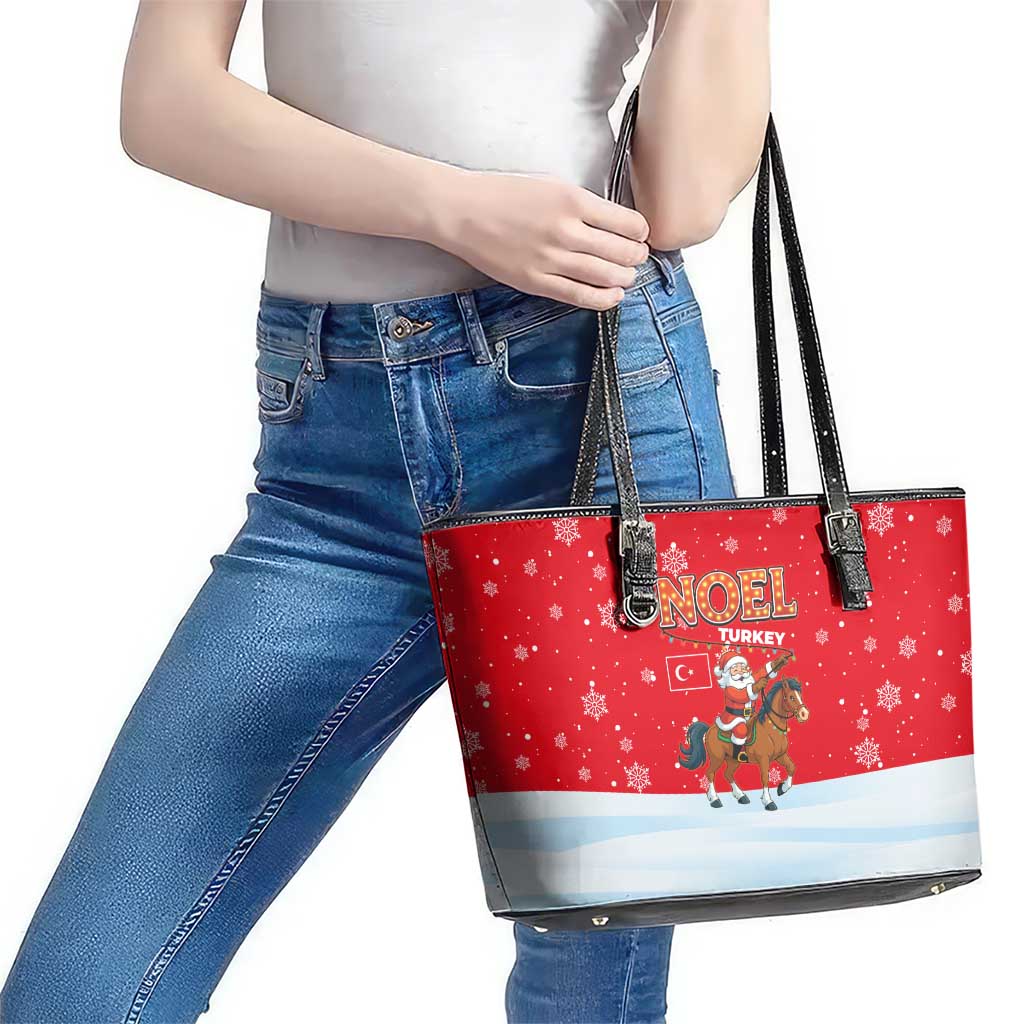 Turkey Christmas Leather Tote Bag with Santa on Horse Red Snowflake Pattern and Crescent Star - Wonder Print Shop