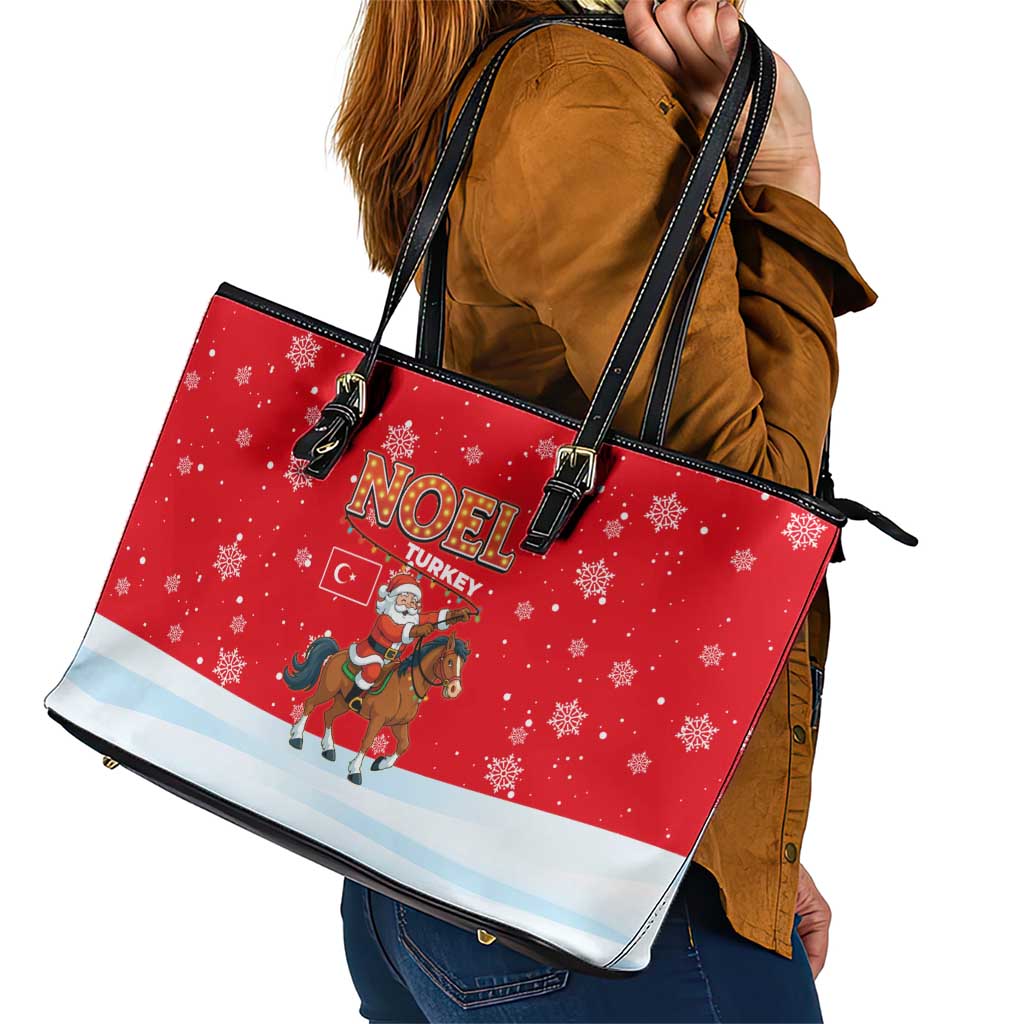 Turkey Christmas Leather Tote Bag with Santa on Horse Red Snowflake Pattern and Crescent Star - Wonder Print Shop