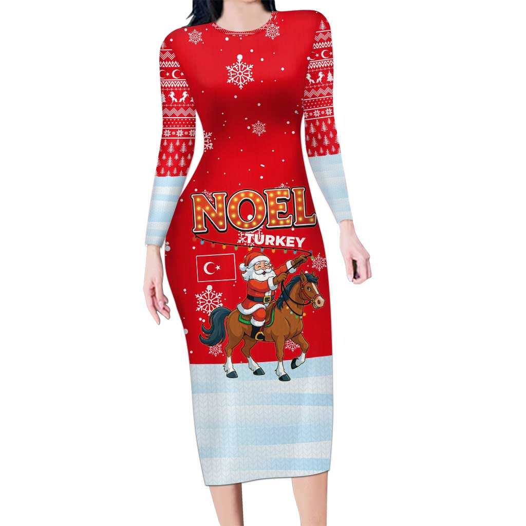Turkey Christmas Long Sleeve Bodycon Dress with Santa on Horse Red Snowflake Pattern and Crescent Star - Wonder Print Shop
