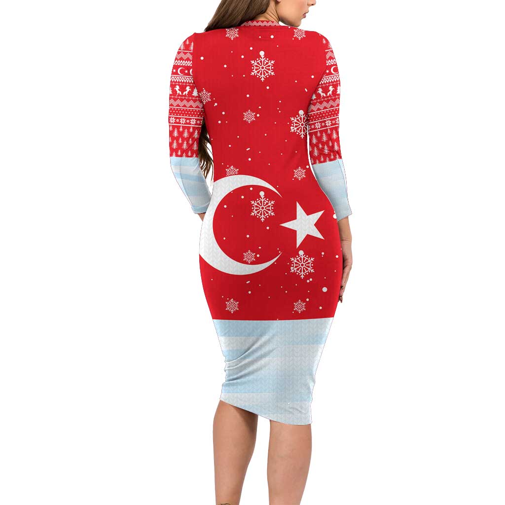 Turkey Christmas Long Sleeve Bodycon Dress with Santa on Horse Red Snowflake Pattern and Crescent Star - Wonder Print Shop