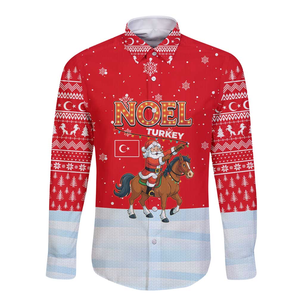 Turkey Christmas Long Sleeve Button Shirt with Santa on Horse Red Snowflake Pattern and Crescent Star - Wonder Print Shop