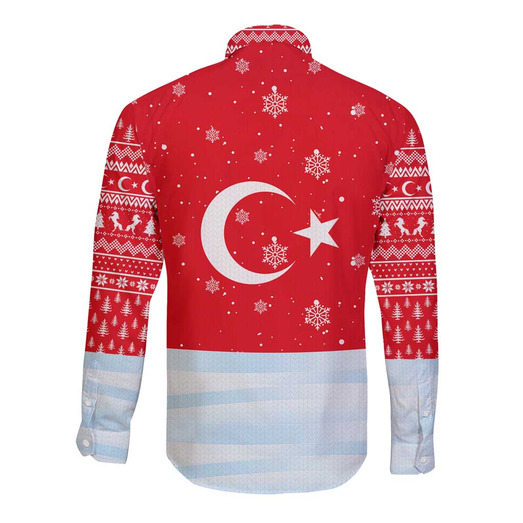 Turkey Christmas Long Sleeve Button Shirt with Santa on Horse Red Snowflake Pattern and Crescent Star - Wonder Print Shop