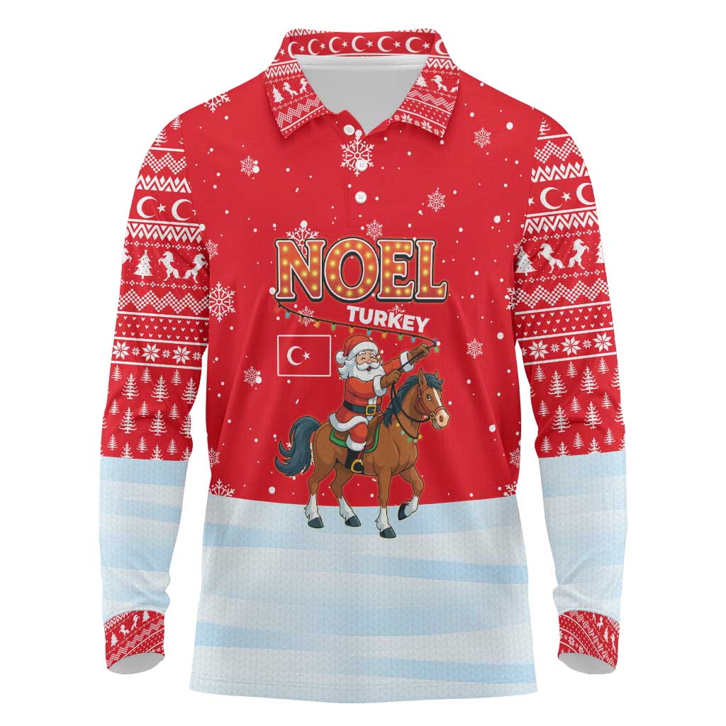 Turkey Christmas Long Sleeve Polo Shirt with Santa on Horse Red Snowflake Pattern and Crescent Star - Wonder Print Shop