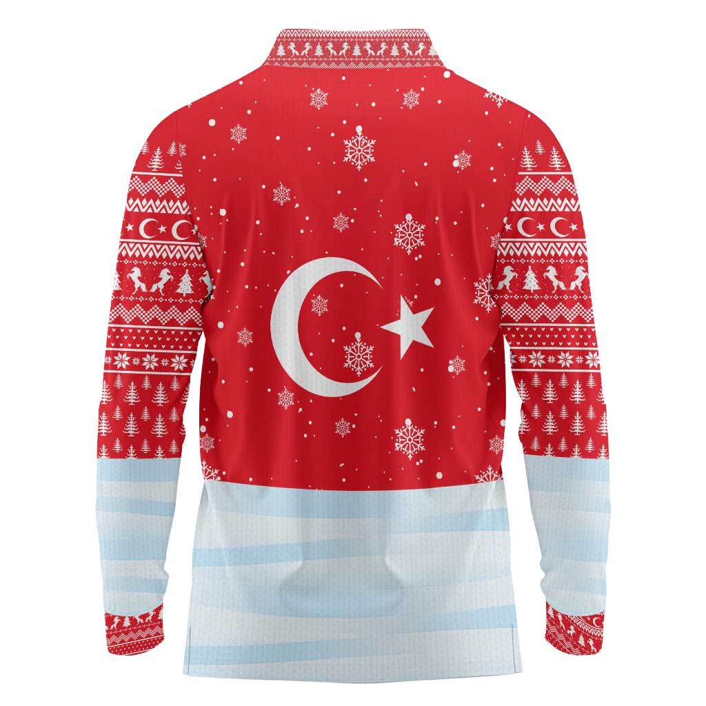 Turkey Christmas Long Sleeve Polo Shirt with Santa on Horse Red Snowflake Pattern and Crescent Star - Wonder Print Shop